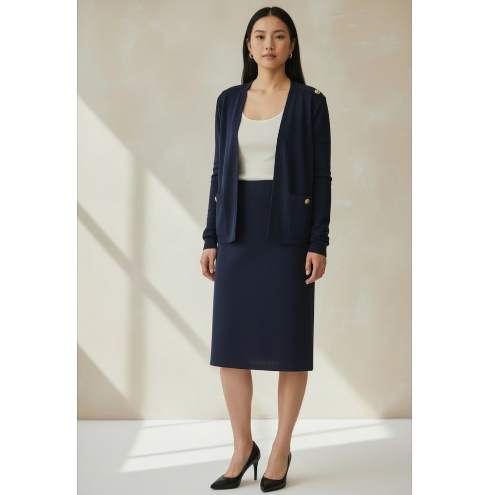 St. John Santana Knit Matching Set Long Cardigan Midi Skirt Navy Blue (L and 12)